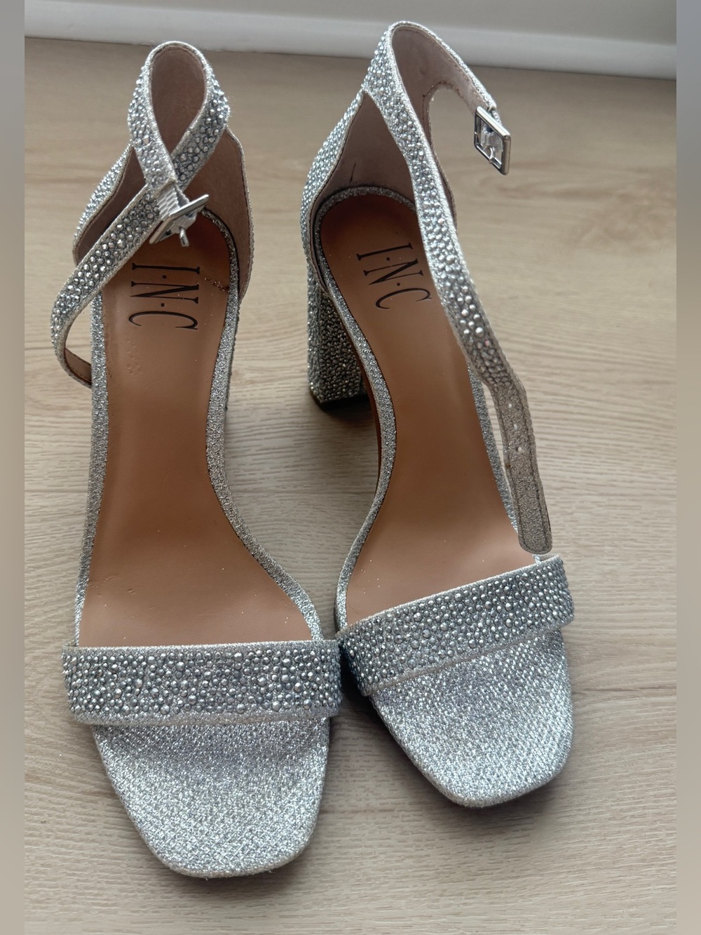 INC International Concepts Silver Crystal Embellished Block Heel Sandals
